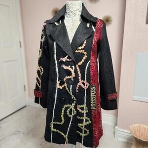 LKNW Emma j Black Brocade Multi-Colored Embroidered Coat S